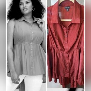 Torrid Sleeveless Peplum Hi Lo, Button-Down Blouse - Size 0, RUST Red Orange